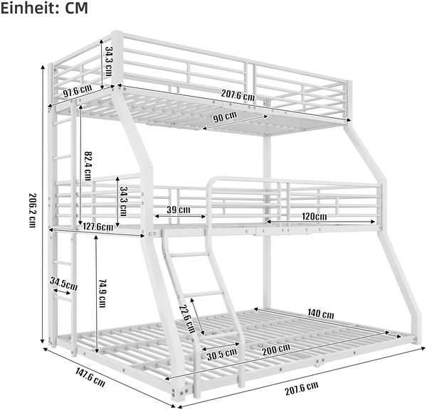 Merax Etagenbett, 90*200 cm, Metallbettgestell, Eisenbett, Dreifach-Etagenbett, für Kinder, Jugendliche und Erwachsene, Ohne Matratze, Weiß Bild 4
