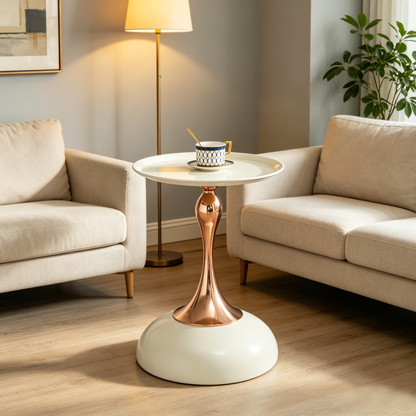 Beistelltisch rund H 54 x T 38 x B 38 cm, Metall in Weiß/Gold, platzsparendes Design