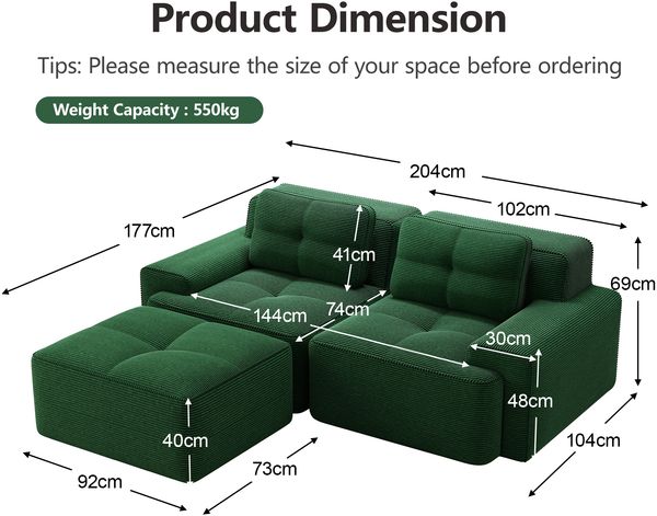 2-Sitzer Modulsofa H 69 x T 204 x B 177 cm aus Cord in Grün mit 74 cm Sitztiefe, boneless Design Bild 5