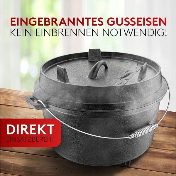 Taste of Fire Feuertopf BBQ Dutch Oven Feuertopf - Gusseisen Set 7L für Grill & Lagerfeuer, Gusseisen, Voreingebrannt inklusive Deckelheber und E-Book