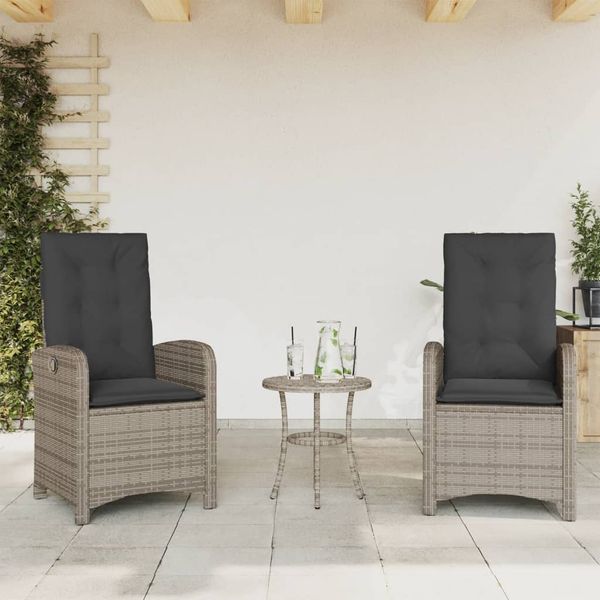 2er Set Gartensessel, Gartenstuhl mit Kissen Verstellbar Grau Poly Rattan