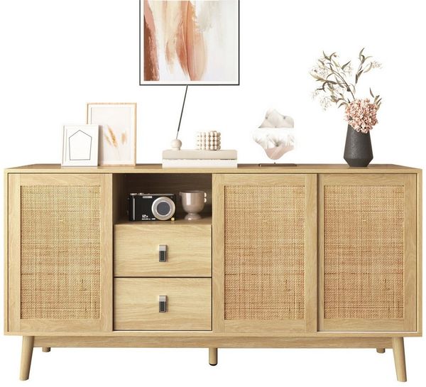 Refined Living Sideboard Rattan-Sideboard mit Schiebetüren, Aufbewahrungsschrank, Kommode (155x38x80 cm, mit 3 Schiebetüren aus echtem Rattan und 2 Schubladen, Wohnzimmerschrank, Sideboard aus Holz, Kommode mit Rattan, Buffetschrank Landhausstil, 1 St,...