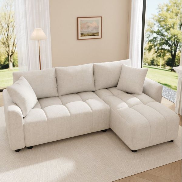 HAUSS SPOLE Schlafsofa wandelbar 3-Sitzer Sofa mit 2 Zierkissen,L-förmiges Ecksofa Chenille, L-förmiges Relaxsofa mit halbkreisförmige Armlehnen 1 Teile, Weicher, angenehmer Chenille-Bezug