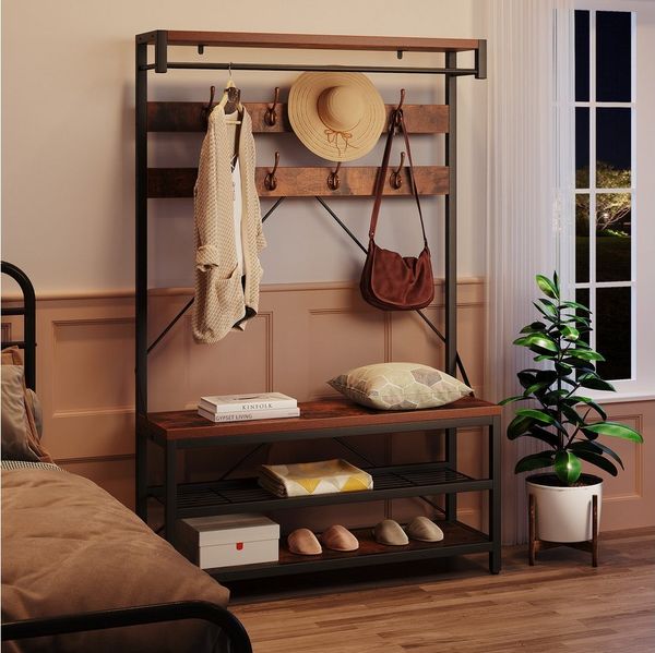 GarveeMore Garderobenständer Garderobe ​100×40×183cm​ Braun, mit Ablage, Schuhregal,Sitzfläche, 3 Ablagen