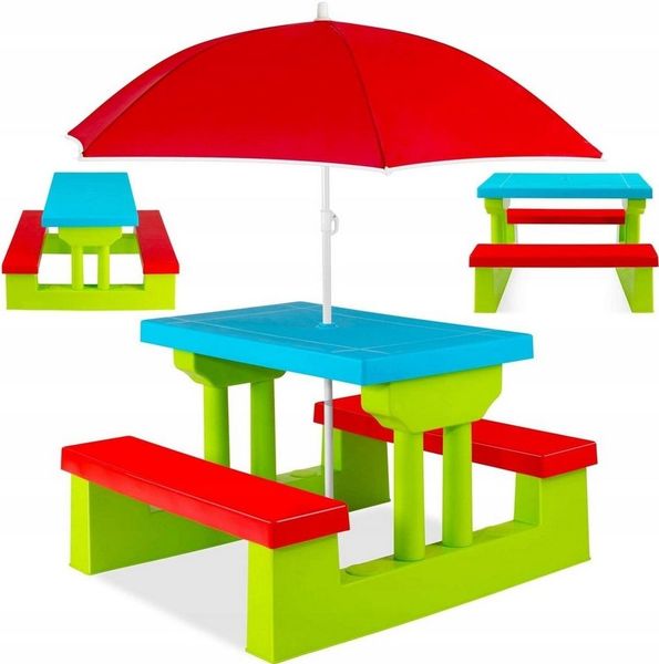 COIL Garten-Kindersitzgruppe Kinder-Picknicktisch mit Sonnenschirm 107 x 67 x 135 cm, 5 kg, (4-tlg), verschiedene Farben, Kunststoff UV-beständig, für Kinder ab 3 Jahren