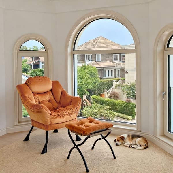 Loungesessel Set mit Hocker, Polyester Bezug, Metallgestell, bis 150kg, ergonomisch, klappbar, für Wohnzimmer Garten,orange