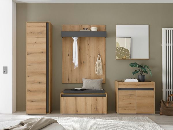 Home affaire Garderoben-Set GIRON/CiTY, moderne Garderobe, Komplettset mit viel Stauraum, (Komplett-Set, 5-St), enthält Schrank, Kommode, Spiegel, Paneel & Schuhbank +Sitzkissen