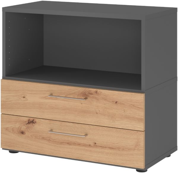 bümö flexi Aktenschrank klein mit 2 Schubladen & 1 Regalfach in Graphit/Asteiche, Büroschrank mit werkzeuglosem Schnellmontage-Klicksysten in modularer Bauweise, FW28S2KG-G-R-BS