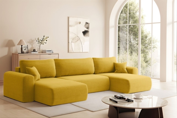 Wohnlandschaft Sofa mit Schlaffunktion FLORA Stoff Poso Honiggelb Bild 1
