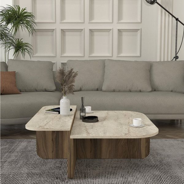 moebel17 Couchtisch 90×90 cm in Beige Braun Travertin-Optik, moderner L-Form Couchtisch (Packung, 1-St, Besteht aus 1 Couchtisch), Pflegeleichte Oberfläche, Granitoptik