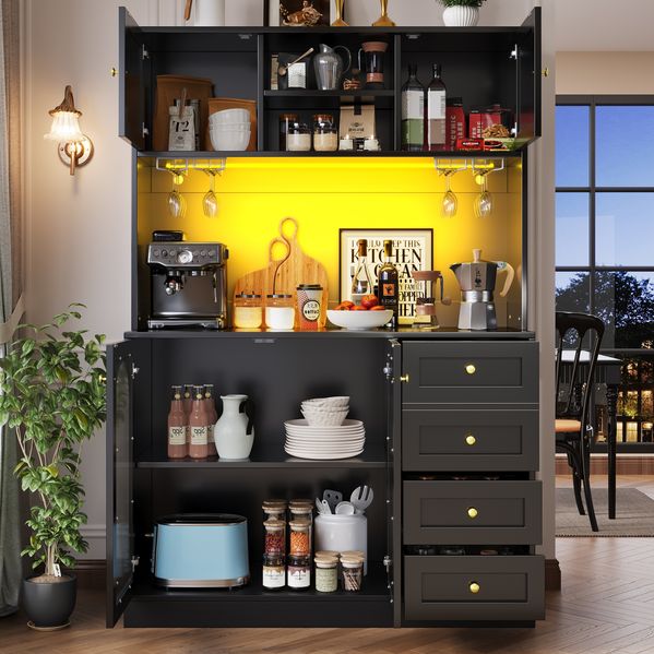 Buffetschrank mit LED-Lichtleiste & Fluted Glas, 120 x 40 x 188 cm, Schwarz