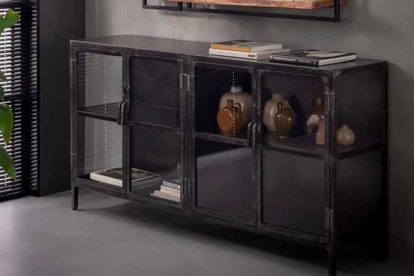 KAWOLA Sideboard BREST Vitrine Metall schwarz 4 Türen 92 x 40 x 180 cm