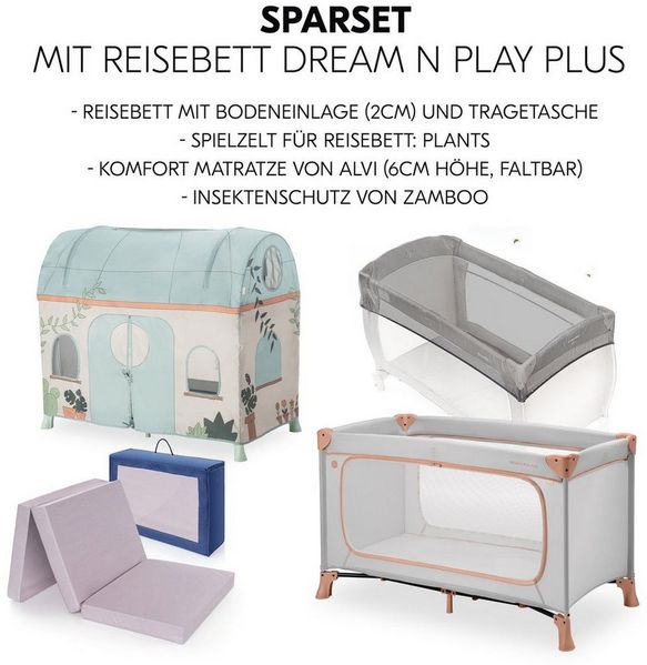 Hauck Baby-Reisebett Dream N Play Plus - Dusty Cork / Plants, Kinderreisebett mit Eingang, Matratze, Moskitonetz & Spielzelt faltbar