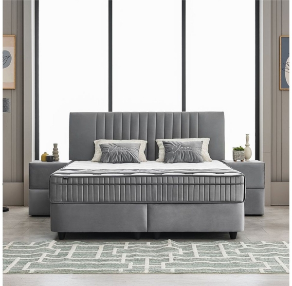 abc bedding Boxspringbett Komfortbett CLARA in Grau Samt-Stoff (Bett mit Topper, 3-St, inkl. Matratze und Topper), Voll-orthopädisches Schlafsystem inklusive Bettkasten