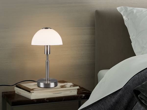 Tischlampe DON II Silber mit Glasschirm Weiß & Touchfunktion, Höhe 33cm
