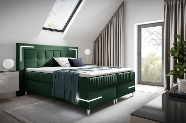 Boxspringbett Schlafzimmerbett 140x200cm AMORE Nr. 2 Grün inkl. LED-Beleuchtung