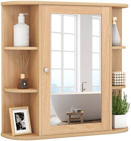 Spiegelschrank Bad 4 Fächer & 6 Offene Ablagen Badezimmerschrank mit Spiegel 66 x 17 x 63 cm Natur