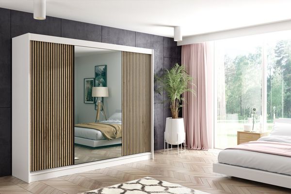 ALTDECOR Schiebetürenschrank VILAN (Kleiderschrank Garderobenschrank mit viel Stauraum Moderner Schrank) Spiegel Spiegeltüren Lamellen Schwebetürenschrank LED Beleuchtung