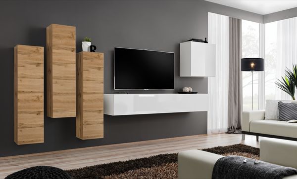 Hängende Wohnwand Switch III in Wotan und Weiß 330 x 160 cm 5-teilig