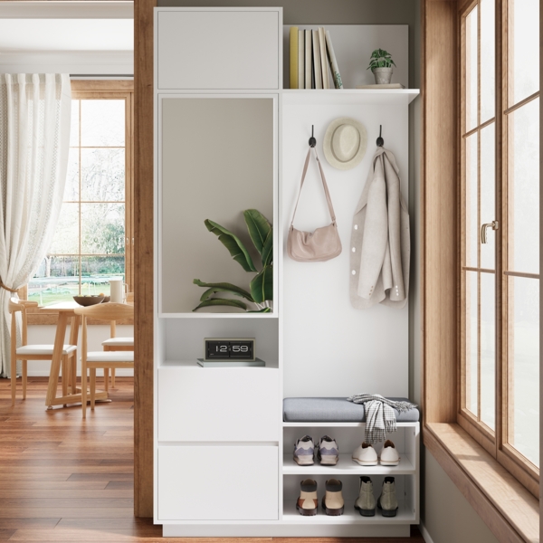 Merax Kompaktgarderobe mit Spiegel und Sitzbank, Flurgarderobe mit Schuhschrank und Haken, Kleiderhaken, Kompaktgarderobe, Flurmöbel Set, Flurgarderobe, Weiß