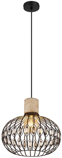 LED Pendelleuchte, Travertine Stein, schwarz, Kristalle, D 38 cm