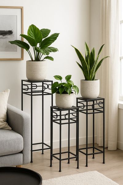 Blumenständer Set 3-tlg Metall Schwarz pulverbeschichtet Pflanzenständer modern