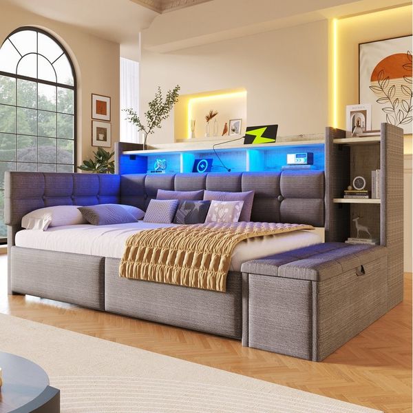 REDOM Schlafsofa zwei Schubladen & Ablagefach, USB- und Typ-C-Anschlüsse, mit Samtbezug, LED-Lichtleiste,Polsterbett Kinderbett 90×190 cm, ohne Matratze