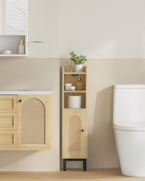 Badezimmerschrank, Badschrank schmal, Kleiner Schrank, Verstellbare Ablagen, platzsparend, Toilettenschrank, für kleine Räume, einfache Montage, 20 × 20 × 83 cm, Helle Eiche