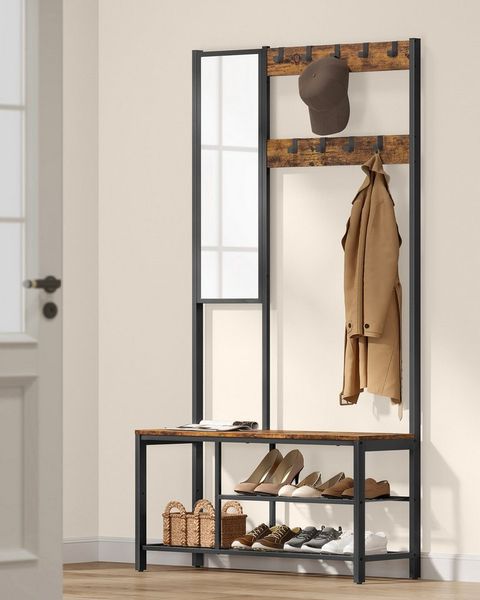 Vasagle Garderobenständer mit Spiegel, Haken, Schuhregal, Holzspanplatte Vintagebraun/Schwarz, 98 x 36 x 185 cm
