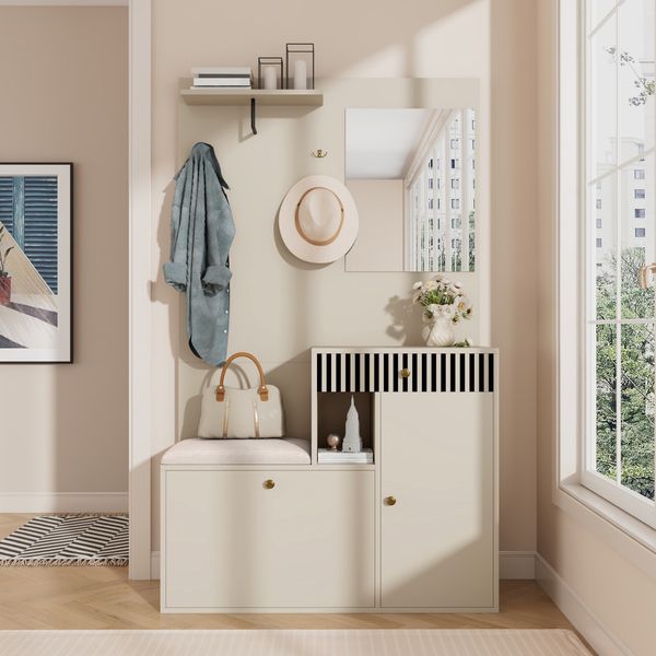 Flurgarderobe 110 x 37 x 185,5 cm aus MDF mit Spiegel, Sitzpolster und verstellbaren Regalen