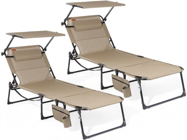 HOMECALL Gartenliege Sonnenliege mit Gesichtsöffnung und Sonnendach, klappbarer Liegestuhl, bis180 kg 200x70 cm 4-Fach verstellbare Rückenlehne, 2 St, für Garten, Strand und Camping