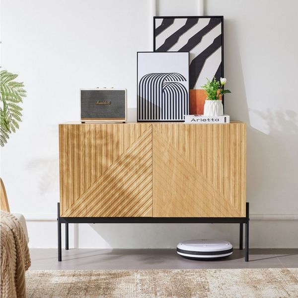 Flieks Sideboard mit 2 Türen und Metallbeinen (1 St, H75/B100/ T40 cm), Kommode Linien-Design Wohnzimmerschrank Holzoptik