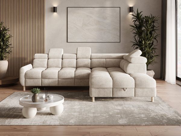 MOEBLO Ecksofa BUN aus Bouclé, mit Schlaffunktion, Bettkasten und verstellbaren Kopfstützen – modernes Polsterecksofa für Wohnzimmer, Eckcouch Wohnlandschaft Sofa mit Ottomane Eckgarnitur Polsterecke, (BxHxT): 276 x 78 x 209 cm
