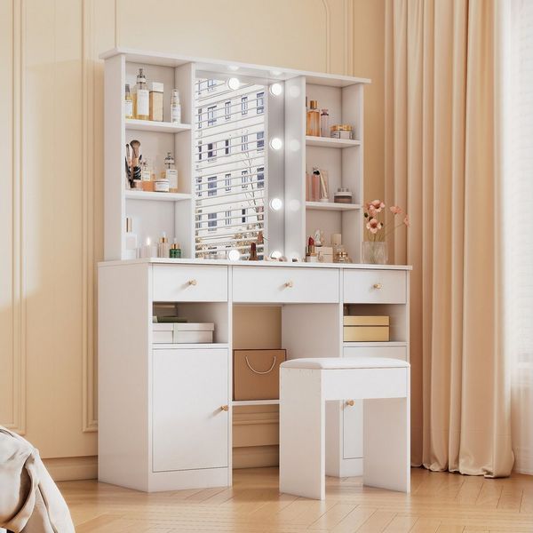Merax Schminktisch mit Hocker, LED-Spiegel, 12 Glühbirnen, Einstellbare Helligkeit (1-St, Schminkkommode, Kosmetiktisch mit 3 Schubladen, 2 Türen), 151×110×40 cm, Weiß