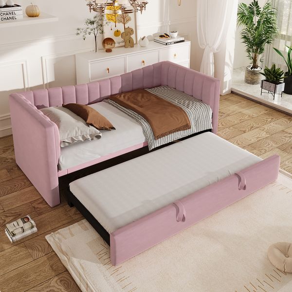 Polsterbett 90x200cm ausziehbar 180x200 cm,Samt Daybett mit ausziehbarem Rollbett, multifunktionales Gästebett in Rosa