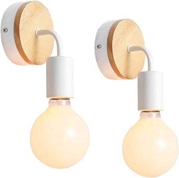 iDEGU Wandleuchten-Set (2er-Pack) — Metall , Massivholz — E27-Fassung — Geeignet fur Innenbeleuchtung (Schlafzimmer, Badezimmer etc.) — Weiß [Energieeffizienzklasse A]