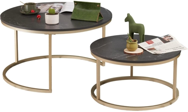 2er Set Runde Schwarz Marmor Couchtisch Gold Metallgestell Modern