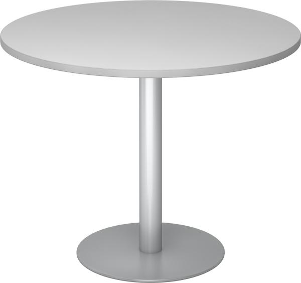 bümö Besprechungstisch, Esstisch klein, Tisch rund 100 cm - kleiner Esstisch grau, Rundtisch Esstisch 2 Personen mit Holz-Platte, Säule aus Metall in silber, Konferenztisch, Bistrotisch, STF10-5-S