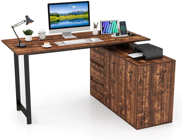 L-förmiger Schreibtisch mit Aktenschrank & Steckdose 138 cm umkehrbarer Eckcomputertisch Rustikal Braun
