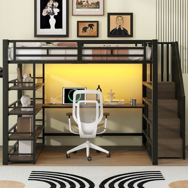 Merax Hochbett 140x200cm mit LED-Licht und USB-Ladestation (254.8 x 148 x 170 cm, Sicherheitsgeländern und Treppengeländern, 1-St, Etagenbett Jugendbett Einzelbett) Metallbett Kinderbett mit Schreibtisch Treppe Ablageflächen & Stauraum