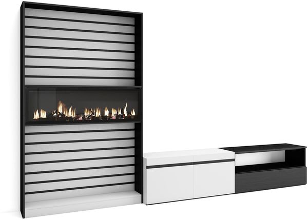 Skraut Home TV-Möbel | Esstisch-Set | 210 x 186 x 35 cm | für Fernseher bis 80 Zoll | elektrischer Kamin | moderner Stil | Schwarz und Weiß