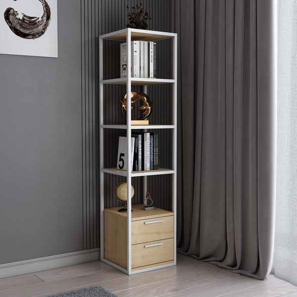 Modern Bookshelf, White & Oak, 39 x 39 x 160 cm | 100% Melamine Coated Particle Board, 18 mm Thick, Sturdy Metal Frame | Stylish Storage for Home & Office