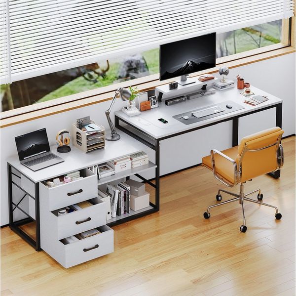 HOMALL Schreibtisch L-förmiger Eckschreibtisch mit USB-Anschluss und zwei Steckdosen. (140 x 100 x 75 cm, mit Monitorständer und Beleuchtung, L-förmiger Schreibtisch/Gaming-Tisch, umwandelbar in einen I-förmigen Schreibtisch, mit drei Schubladen und zw...