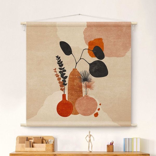 Bilderdepot24 Wandteppich modern Boho Abstrakt Botanik Vintage Spirituell beige, quadratisch, Höhe: 2.6 mm, großes Wandbild aus Natur-Baumwolle Wandbehang Stoffbild Tuch Wollseil