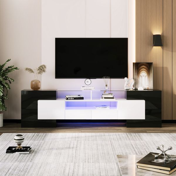TV-Schrank 200x35x60 cm, Schwarz/Weiß, Hochglanz mit LED, 4 Türen, 2 Schubladen