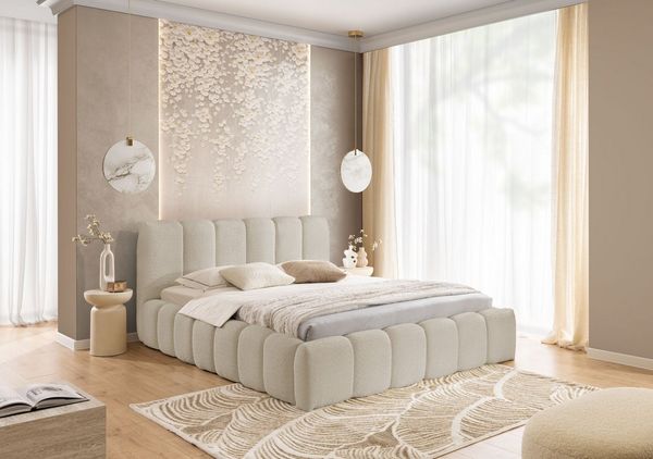 yourhouse24 Polsterbett Micandi Bouclé, Rillen-Design inkl. Metallrahmen, Voluminöses Wolkenbett mit großem Bettkasten