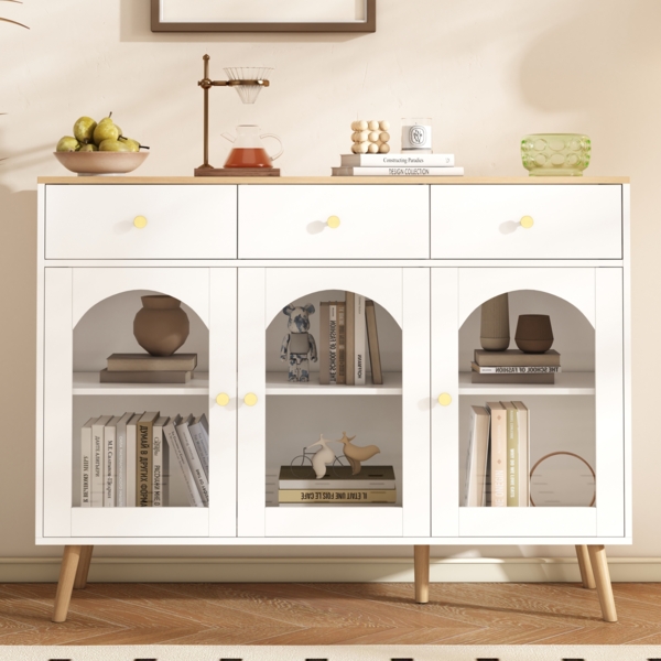Merax Sideboard mit 3 Schubladen und 3 gebogenen Türen mit breitem Schrank aus gehärtetem Glas für Buffettische in Küchen und Esszimmern, weiß und natur