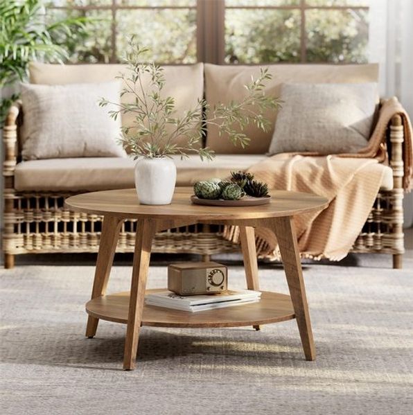 Vasagle Couchtisch mit 2 Ebenen, Holz honigbraun, Ø 80x45 cm