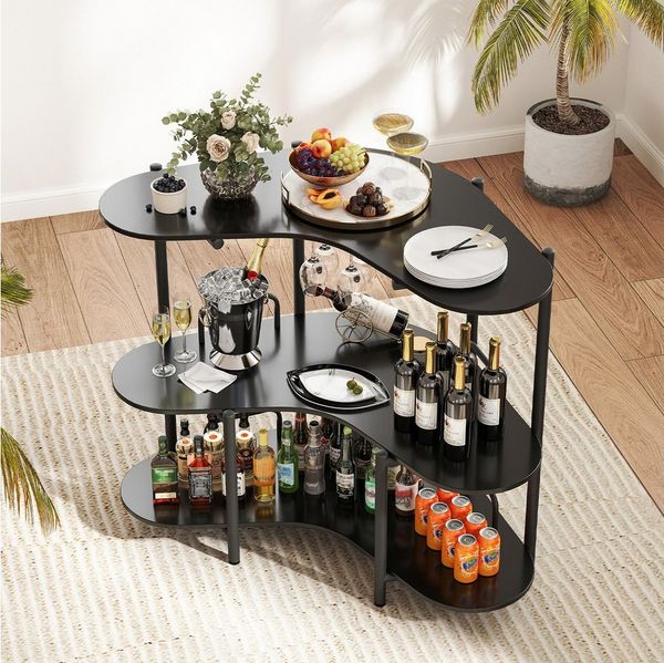 COSTWAY Bartisch, Küche, 3 Ebenen Hausbar, Küchentheke mit Glashalter Metallrahmen