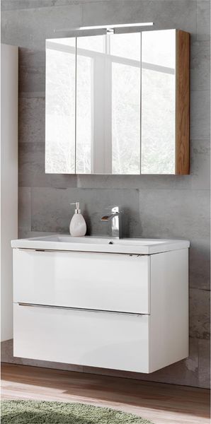 Badezimmermöbel Set mit 80cm Keramik-Waschtisch und LED-Spiegelschrank TOSKANA-56 Hochglanz weiß, BxHxT ca. 80/190/46cm